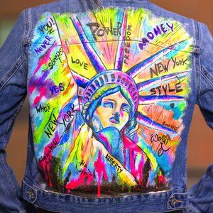 Vintage Denim Jacket New York Women's M Size Hand Painted Art